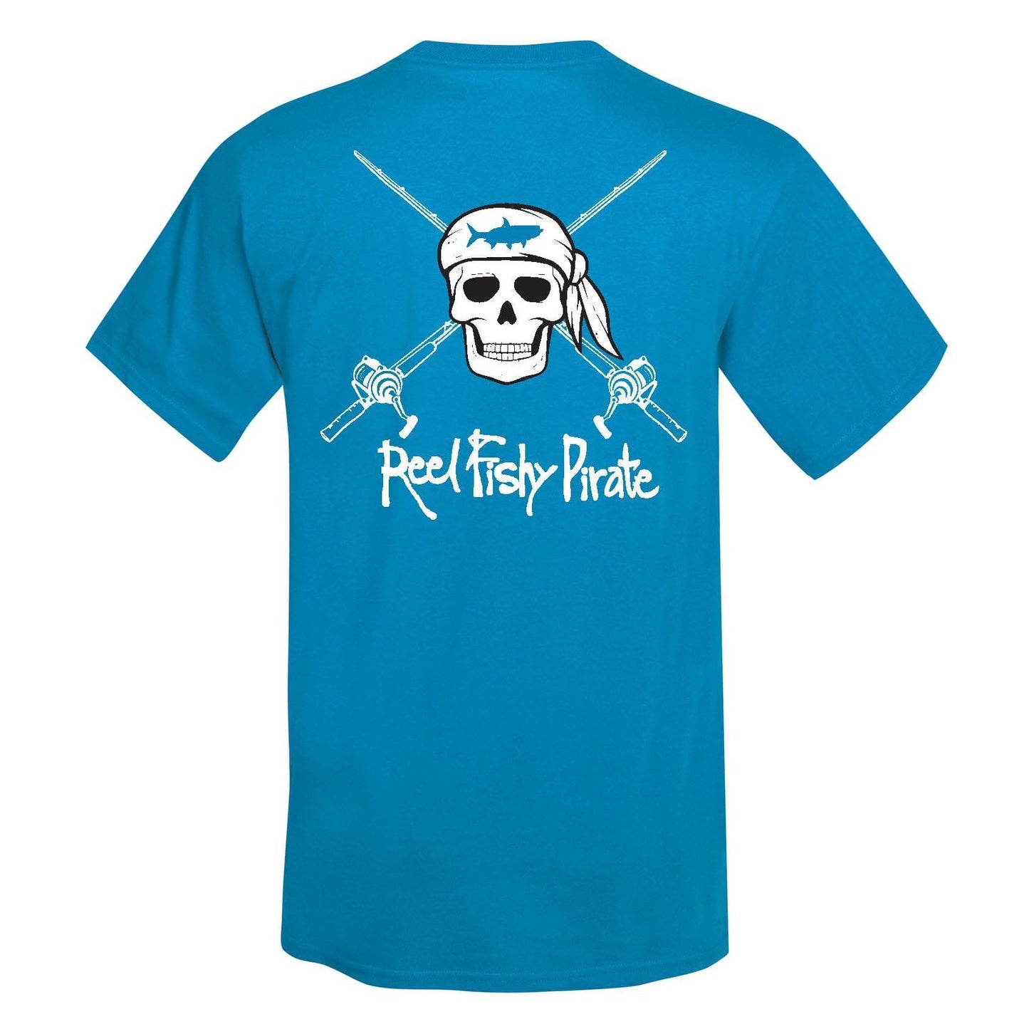 Youth teal Reel Fishy t-shirt with Pirate Skull and fishing rods design