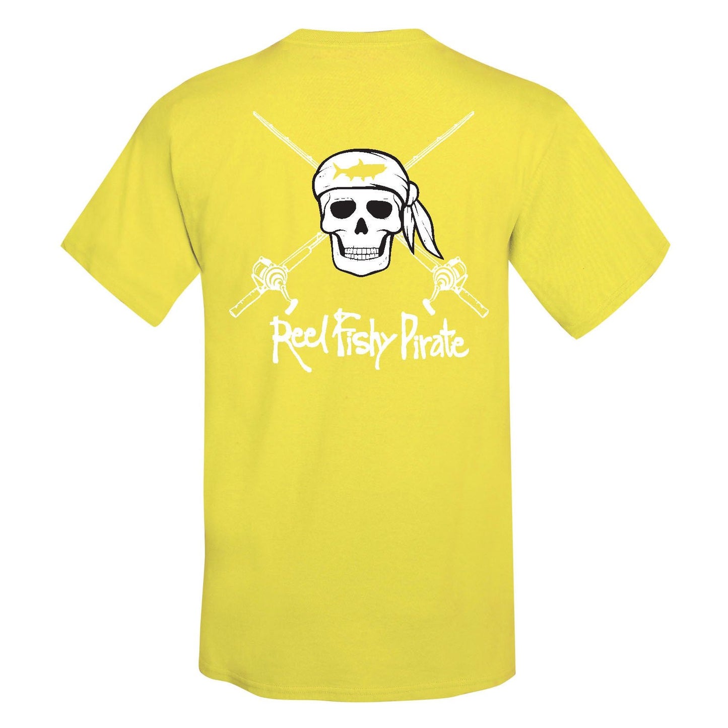 Youth yellow Reel Fishy t-shirt with Pirate Skull and fishing rods design