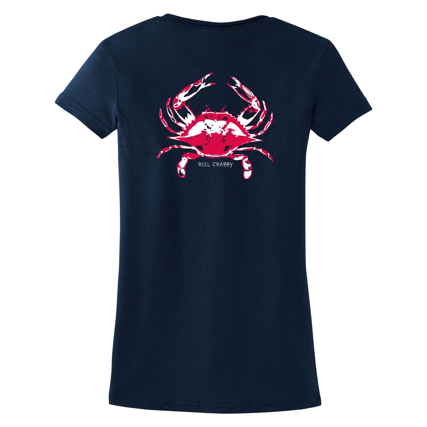 Women's Crab "Reel Crabby" V-neck cotton tee in Navy