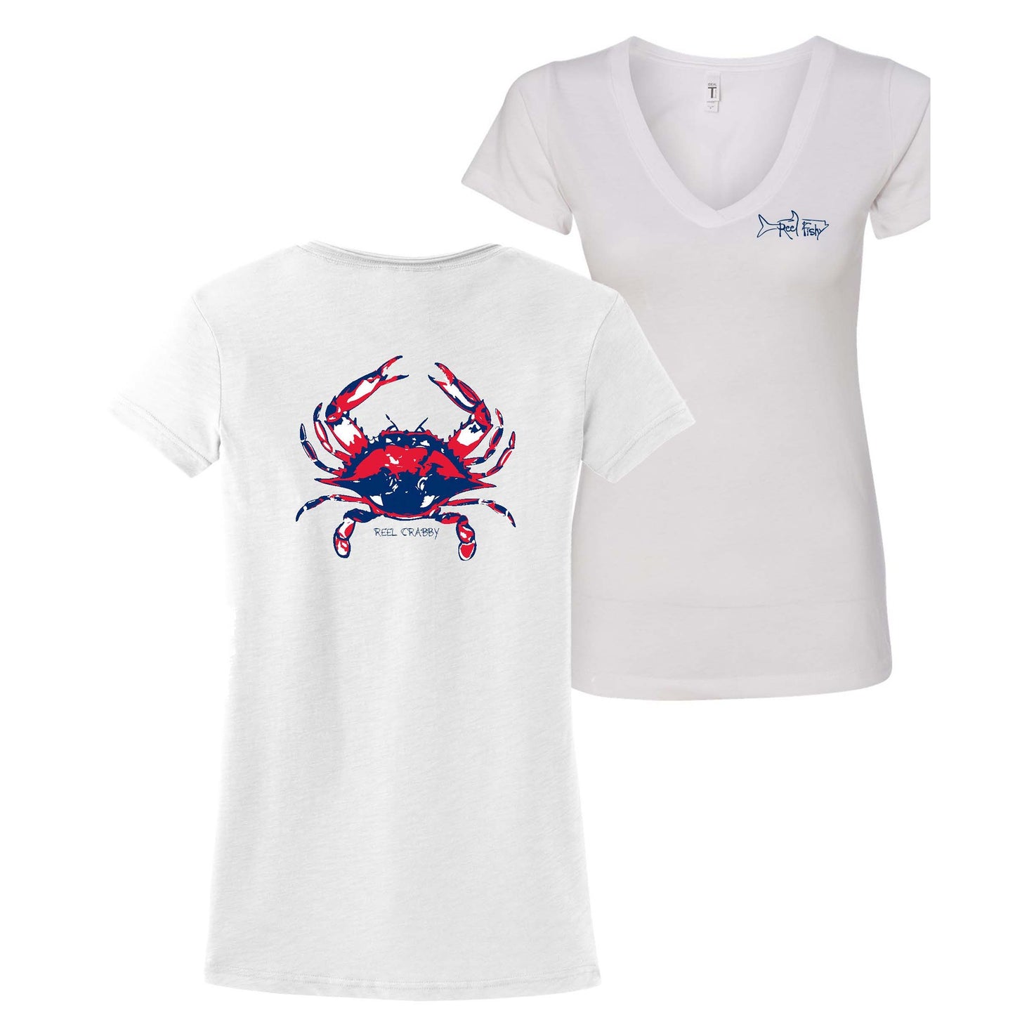Women's Crab "Reel Crabby" V-neck cotton tee in White (front & back)