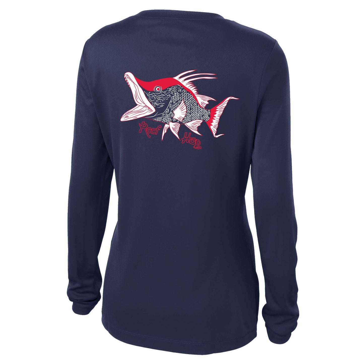 Ladies navy v-neck long sleeve Hogfish "Reef Hog" Dry-fit shirt