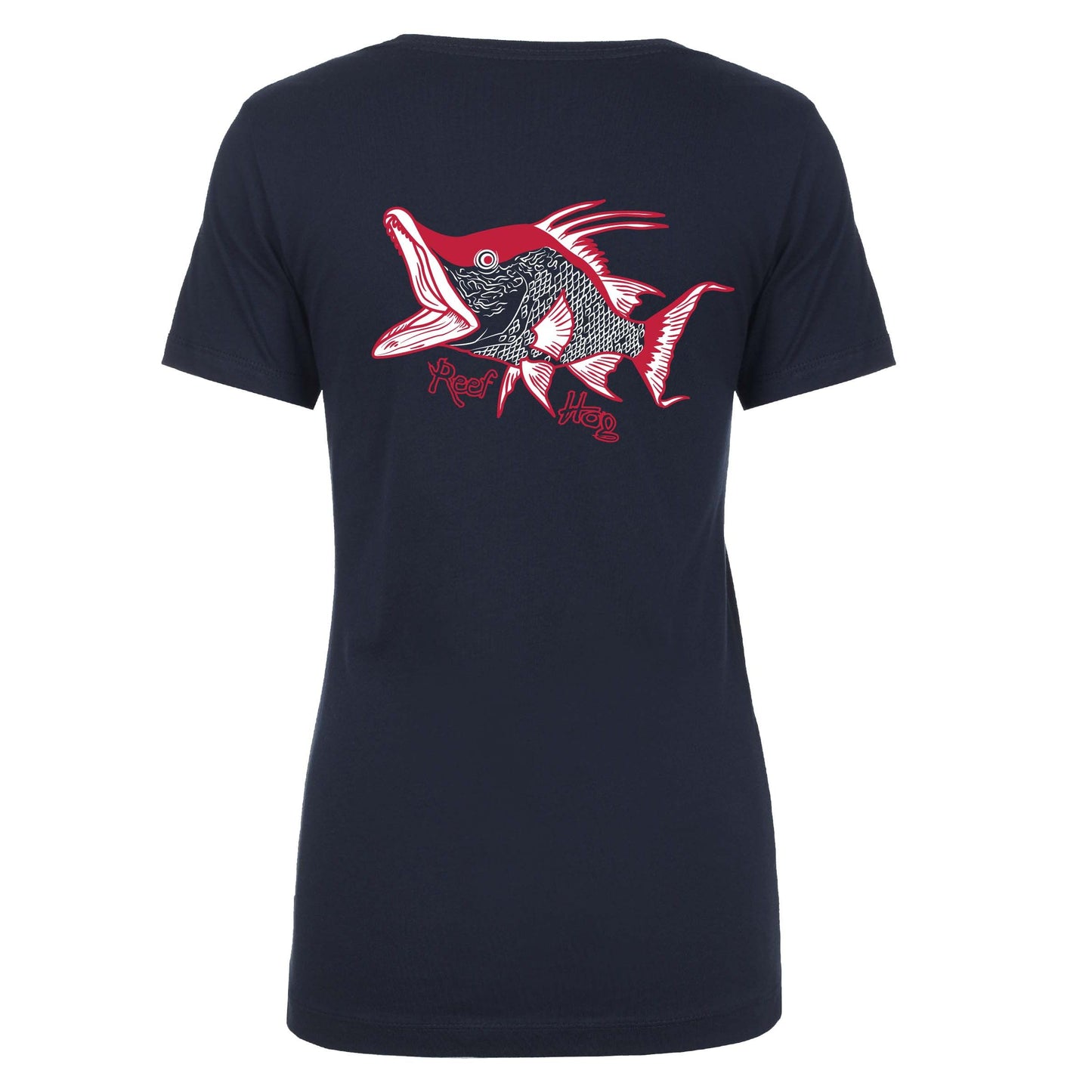 Women's Hogfish "Reef Hog" cotton V-neck short sleeve tees in navy