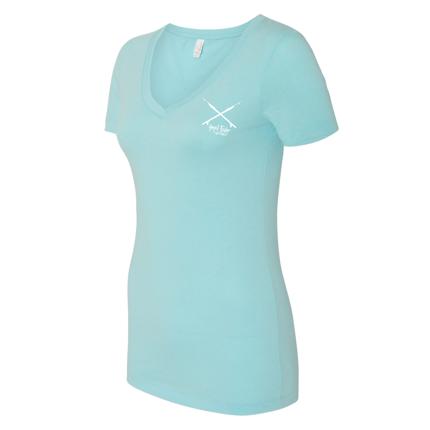 Ladies Lionfish Cotton V-neck t-shirt in Cancun Blue (front Reel Fishy Spear Rods logo)