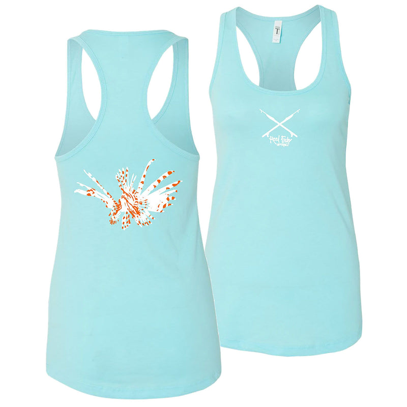Women’s aqua racerback tank with lionfish design and Reel Fishy Spears logo on front