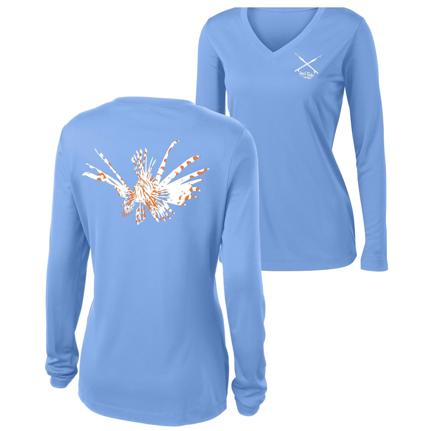 Women's light blue long sleeve performance shirt featuring a Lionfish design and spearfishing logo on the front.