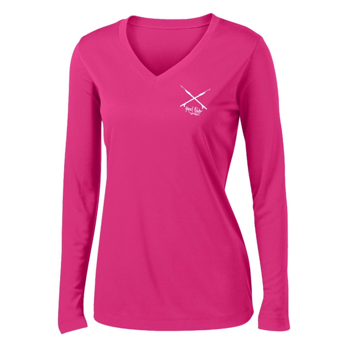 Women's pink long sleeve performance shirt featuring a Lionfish design and spearfishing logo on the front.
