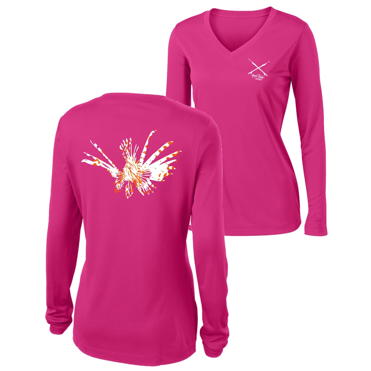 Women's pink long sleeve performance shirt featuring a Lionfish design and spearfishing logo on the front.