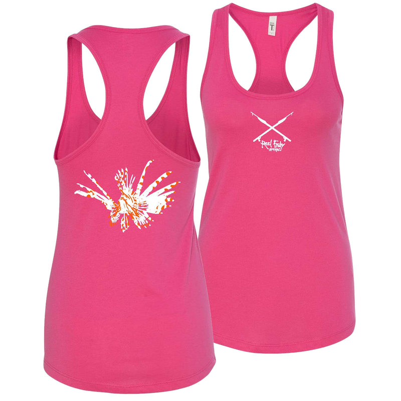 Women’s pink racerback tank with lionfish design and Reel Fishy Spears logo on front