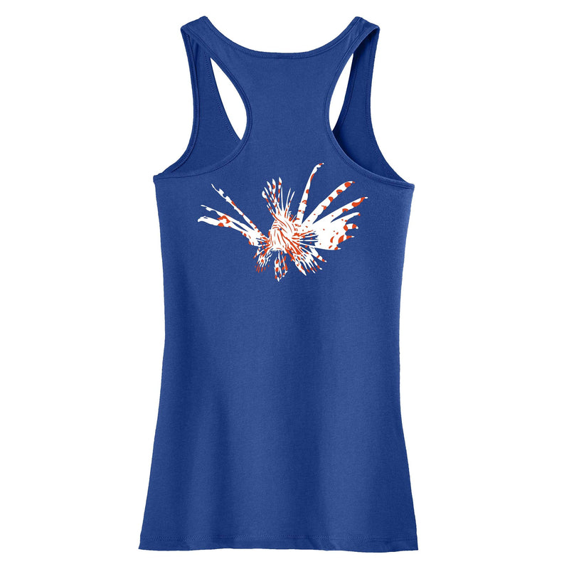 Women’s royal racerback tank with lionfish design and Reel Fishy Spears logo on front
