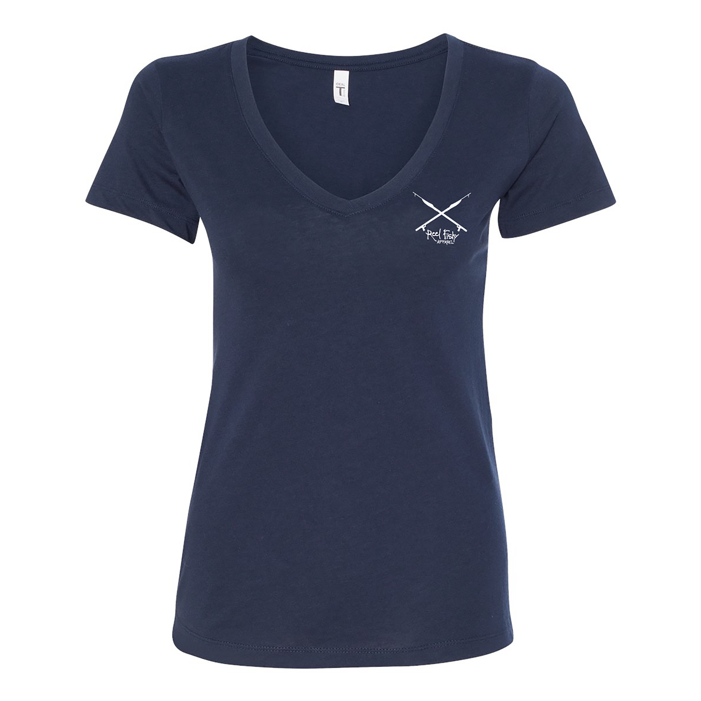 Ladies Lionfish Cotton V-neck t-shirt in Navy (front Reel Fishy Spear Rods logo)