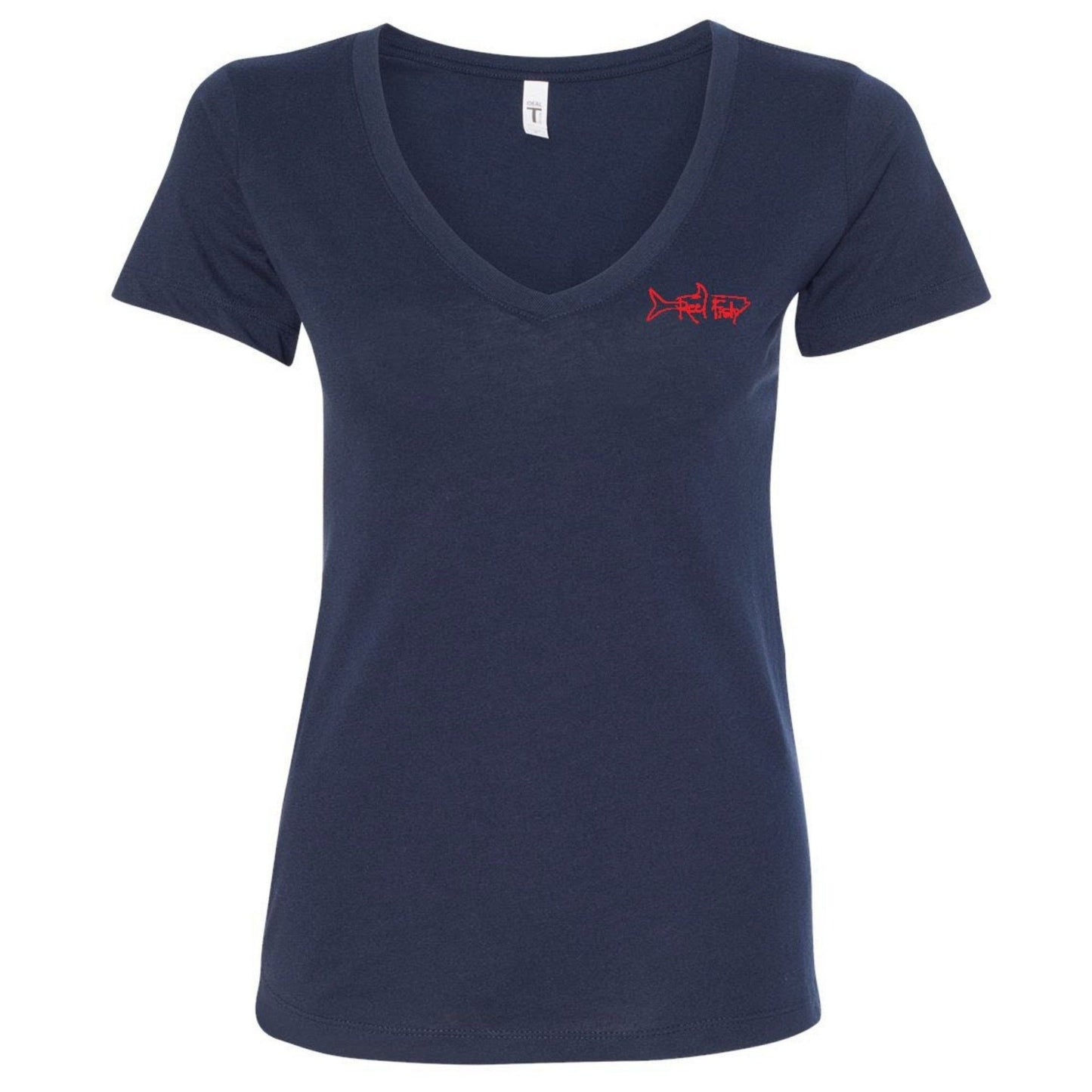 Ladies Lobster V-Neck Tees with "Bug Tickler" Dive Logo in Navy with Reel Fishy Tarpon logo on Front