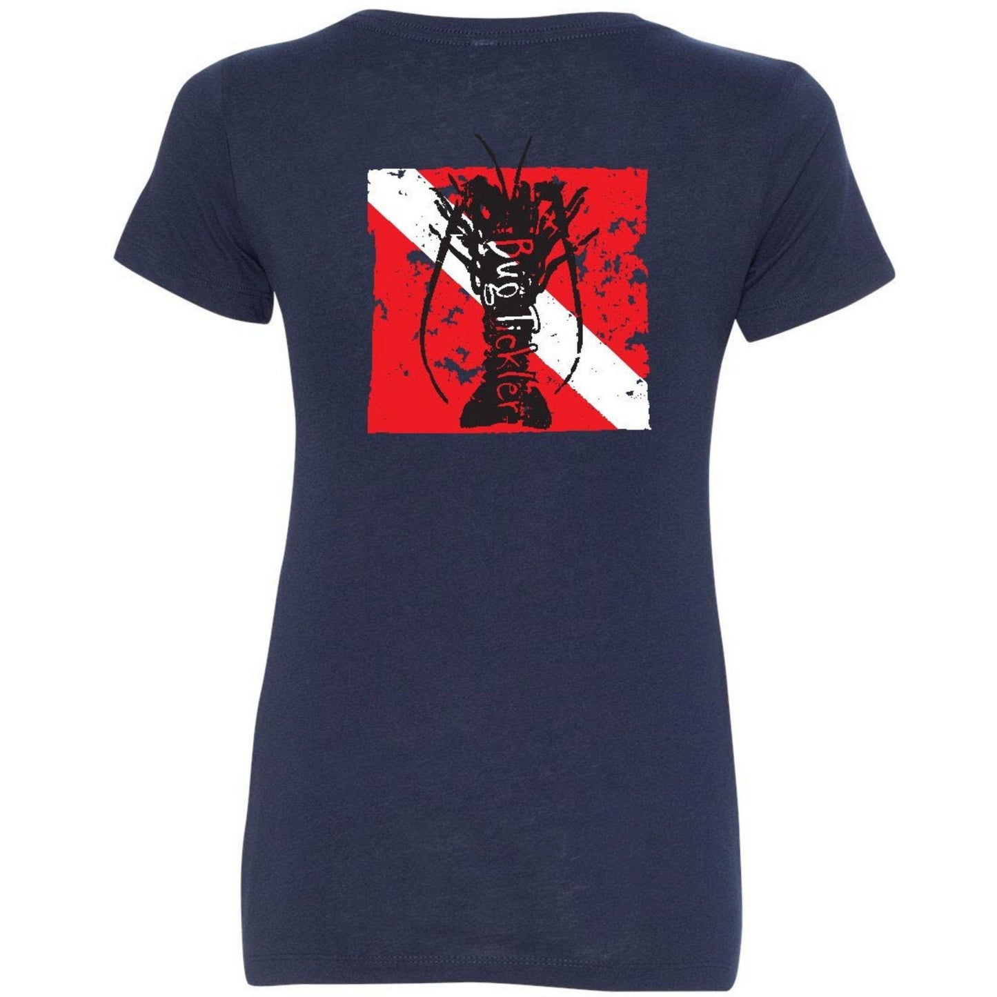 Ladies Lobster V-Neck Tees with "Bug Tickler" Dive Logo in Navy