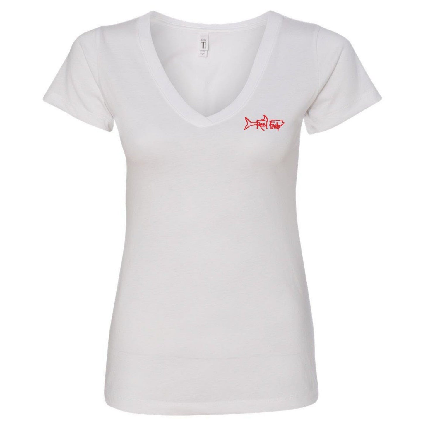 Ladies Lobster V-Neck Tees with "Bug Tickler" Dive Logo in White with Reel Fishy Tarpon logo on Front