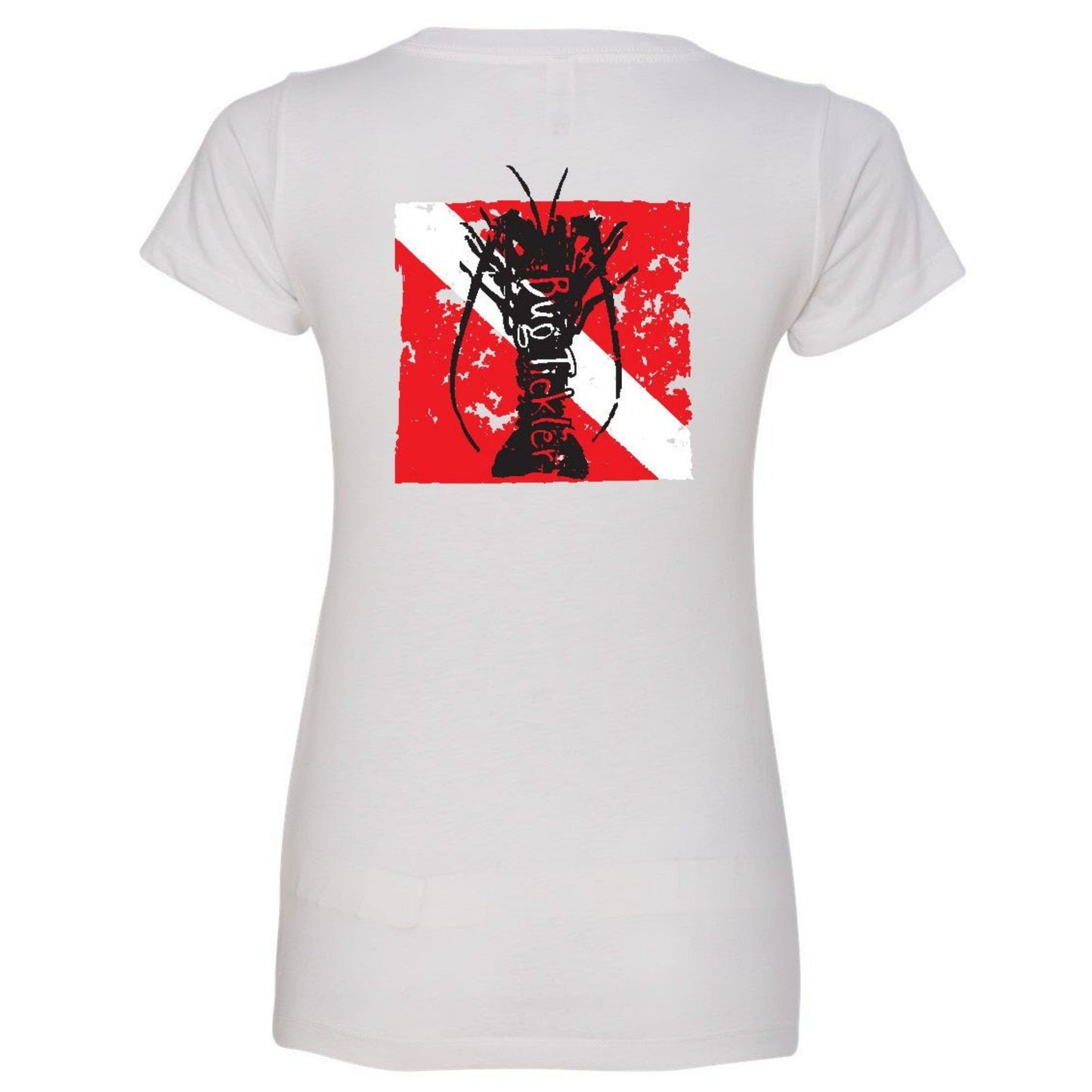 Ladies Lobster V-Neck Tees with "Bug Tickler" Dive Logo in White