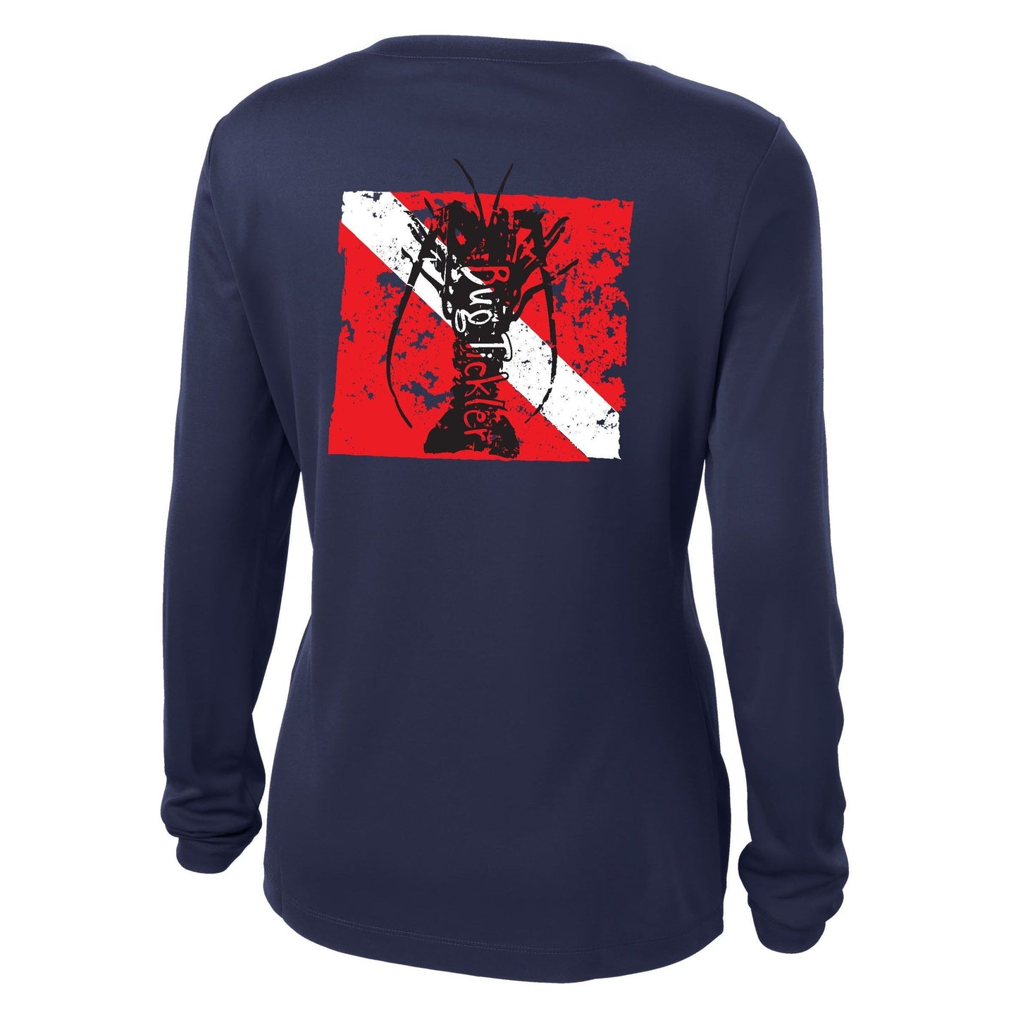 Ladies navy long sleeve V-neck performance fishing shirt with sun protection, "Bug Tickler" lobster dive flag logo on the back.