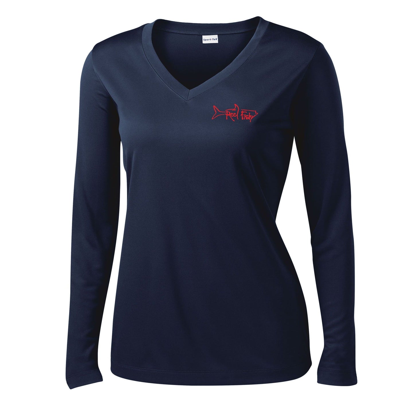 Ladies navy long sleeve V-neck performance fishing shirt with sun protection, "Bug Tickler" lobster dive flag logo on the back and Reel Fishy Tarpon logo on the front.