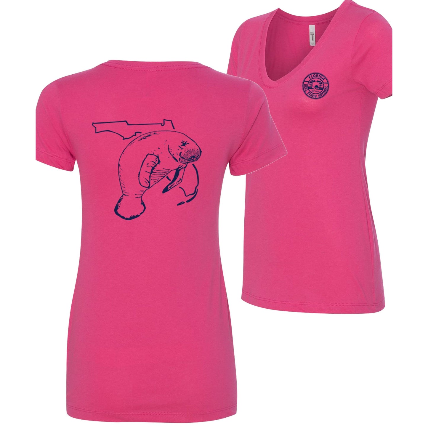 Women’s pink short sleeve cotton V-neck, Florida Manatee design on back, and Reel Fishy logo on front