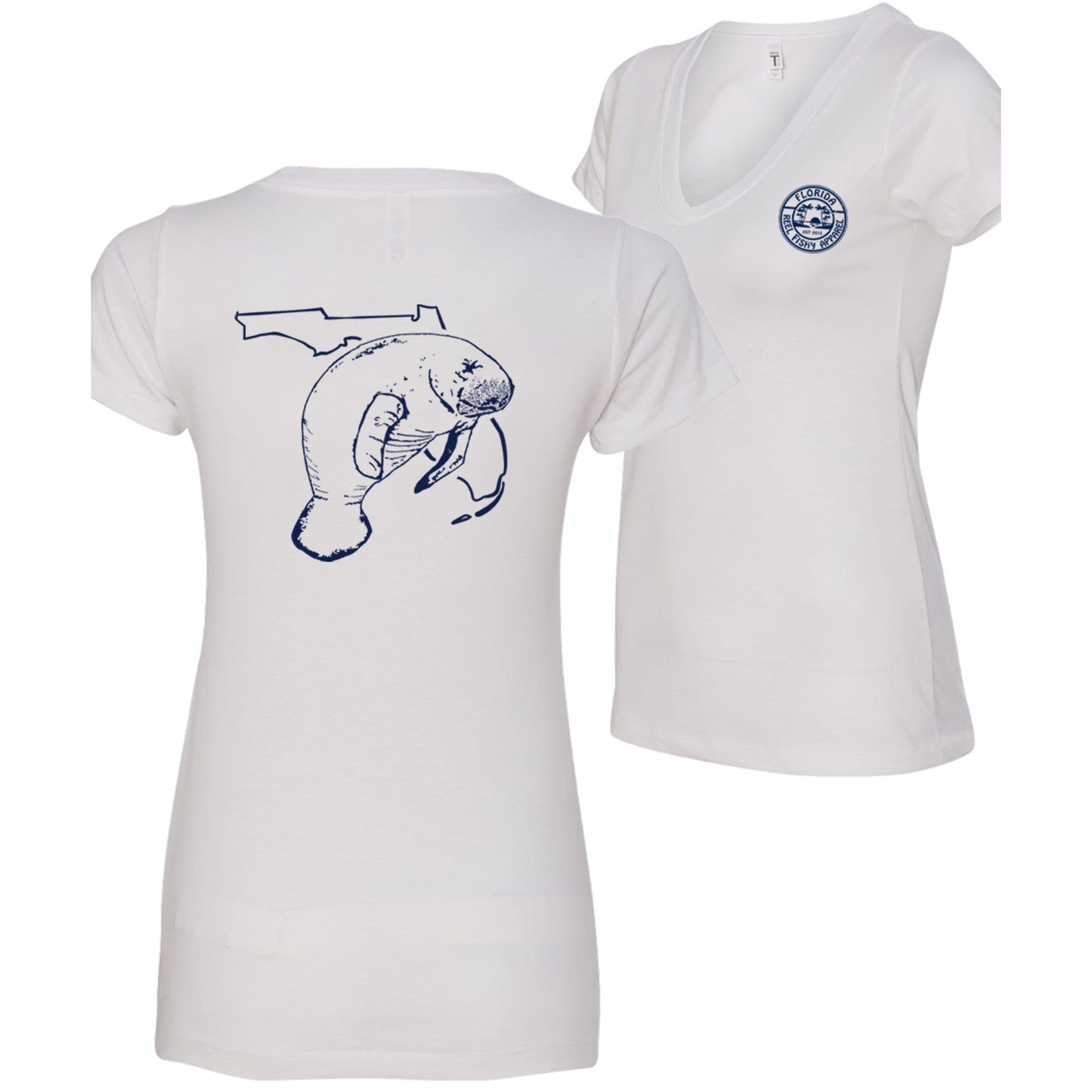 Women’s white short sleeve cotton V-neck, Florida Manatee design on back, and Reel Fishy logo on front