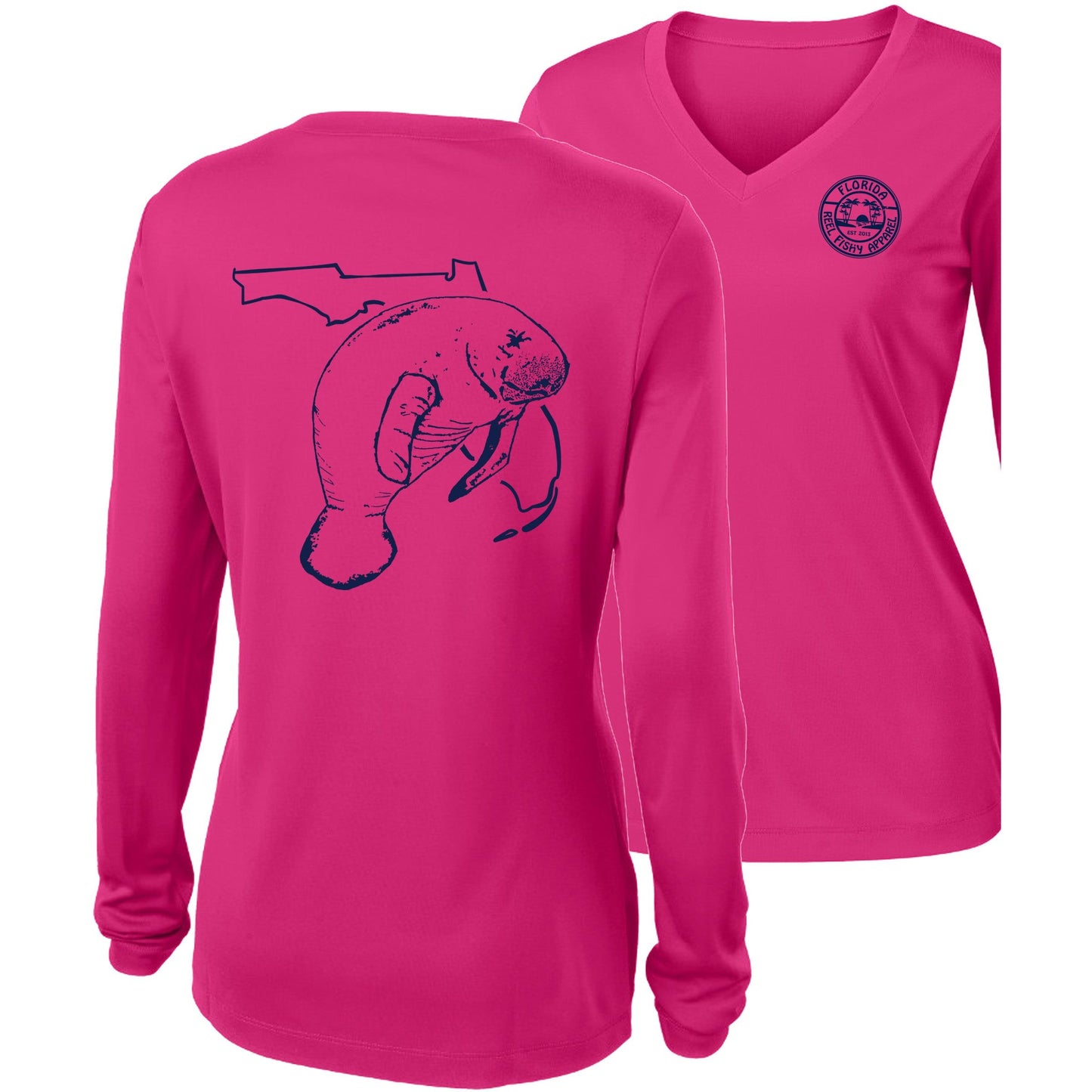 Women’s pink long sleeve performance sun shirt, V-neck, Florida Manatee design on back, and Reel Fishy logo on front