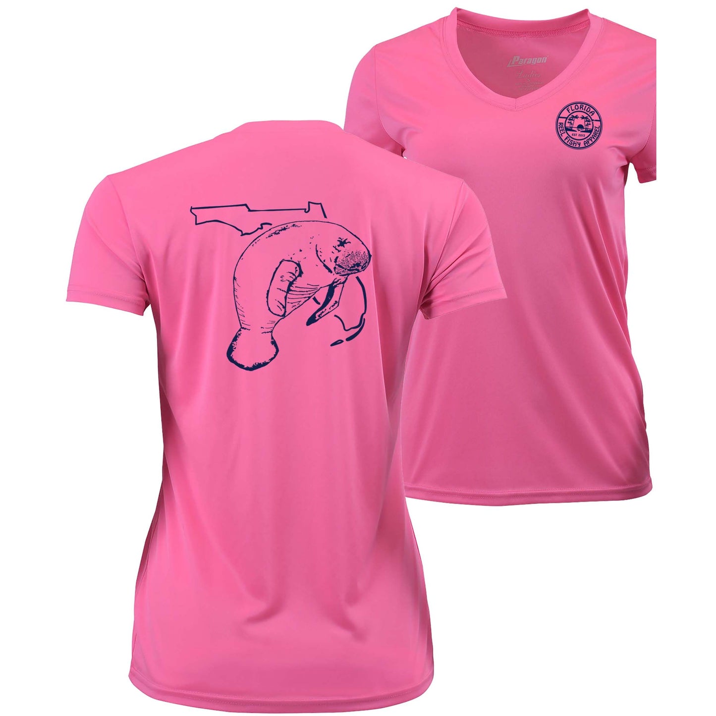 Women’s pink short sleeve performance sun shirt, V-neck, Florida Manatee design on back, and Reel Fishy logo on front