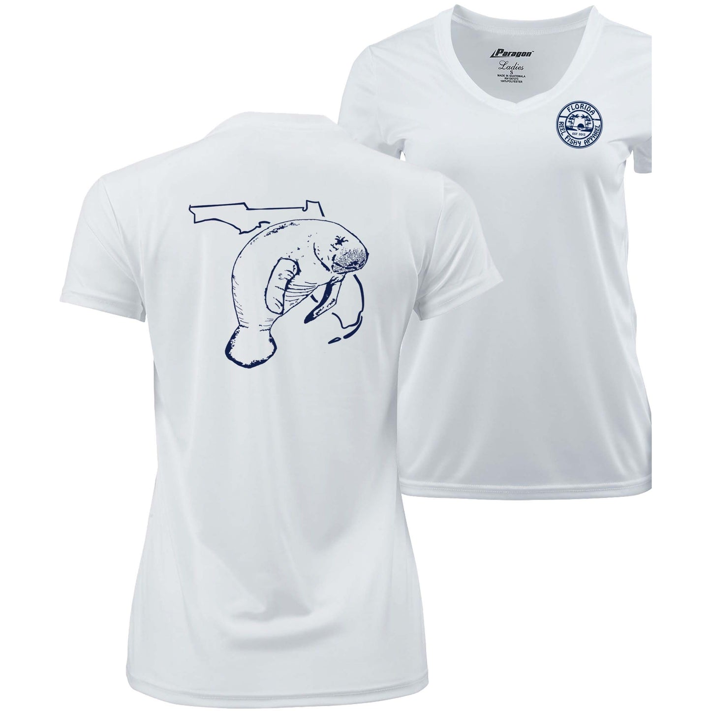Women’s white short sleeve performance sun shirt, V-neck, Florida Manatee design on back, and Reel Fishy logo on front