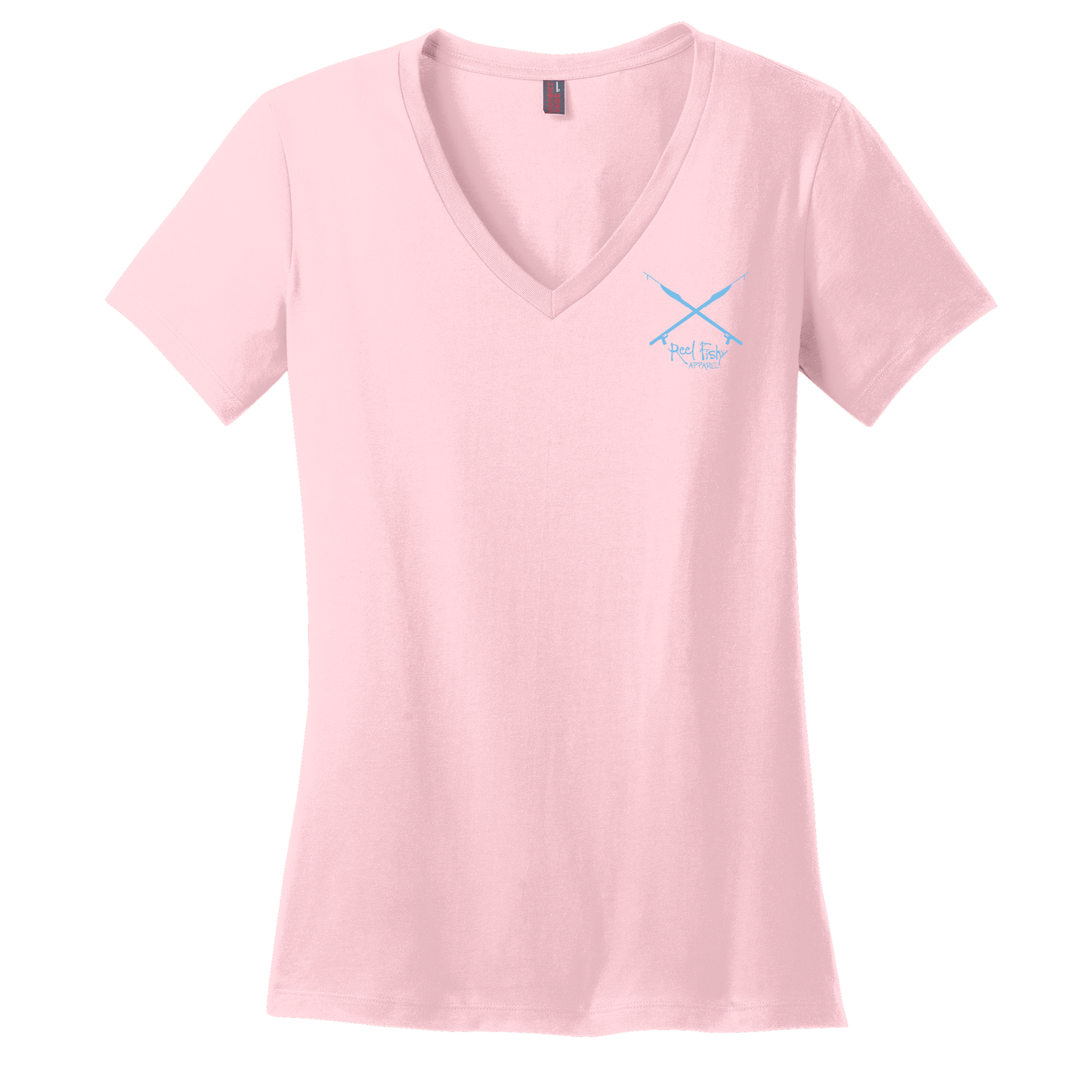 Lt. Pink Ladies Octopus V-neck Short Sleeve Cotton Tee - Reel Fishy Apparel Spearguns logo on front