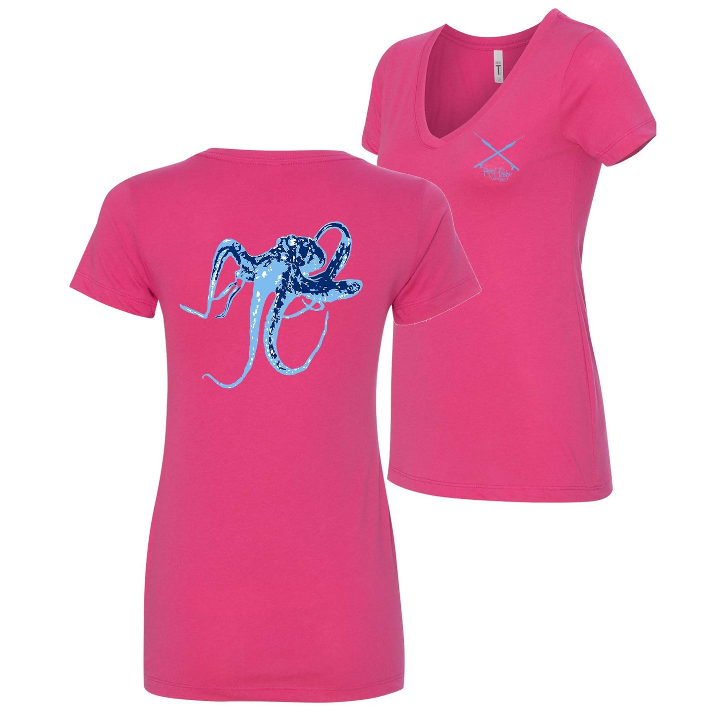 Raspberry Ladies Octopus V-neck Short Sleeve Cotton Tee - Reel Fishy Apparel Spearguns logo on front