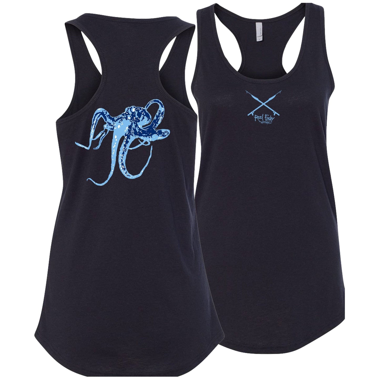 Women’s racerback tank top in navy with blue octopus design on back, Reel Fishy Spears on front