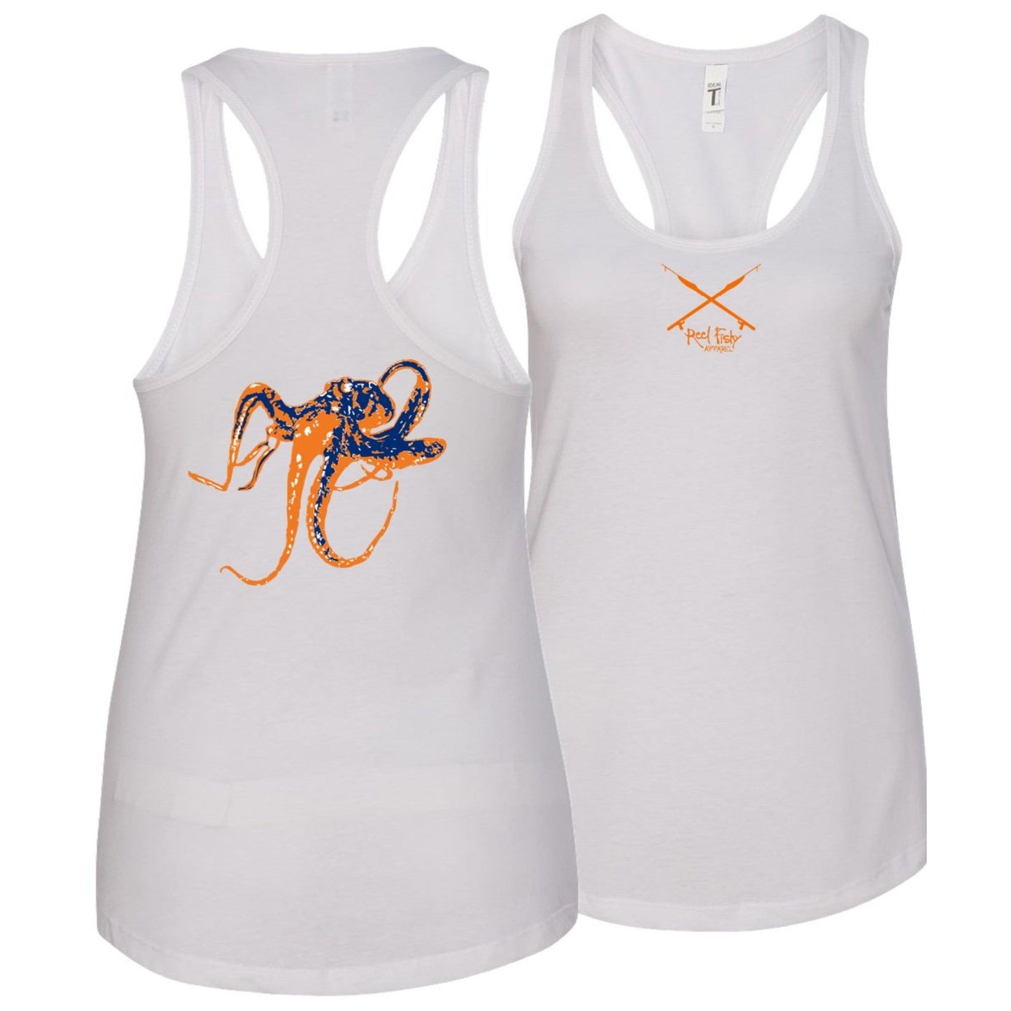 Women’s racerback tank top in white with orange octopus design on back, Reel Fishy Spears on front