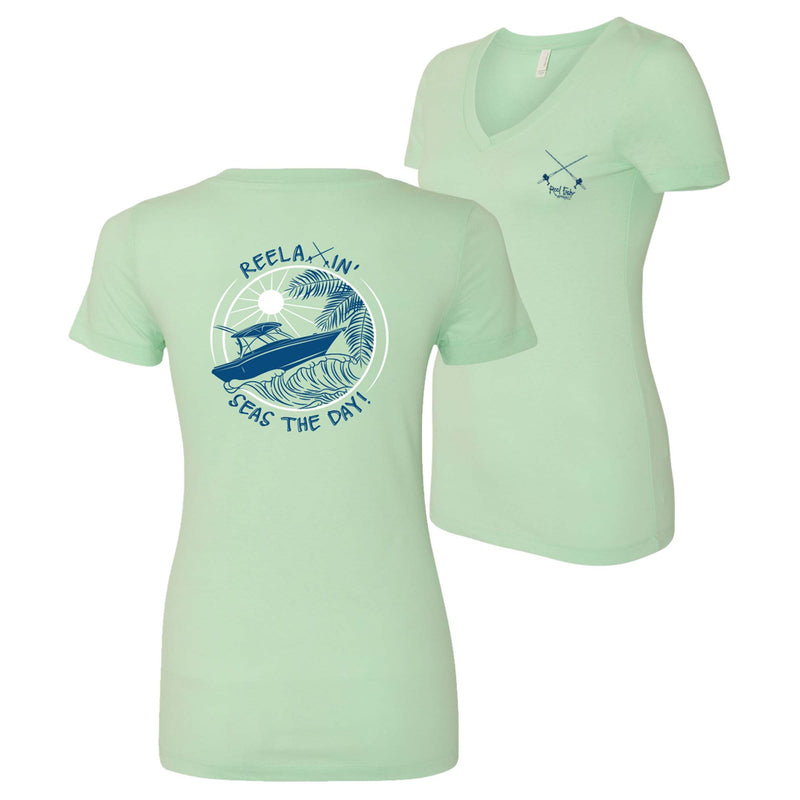 Ladies Reelaxin' - Seas the Day v-neck cotton short sleeve shirt in Mint Green