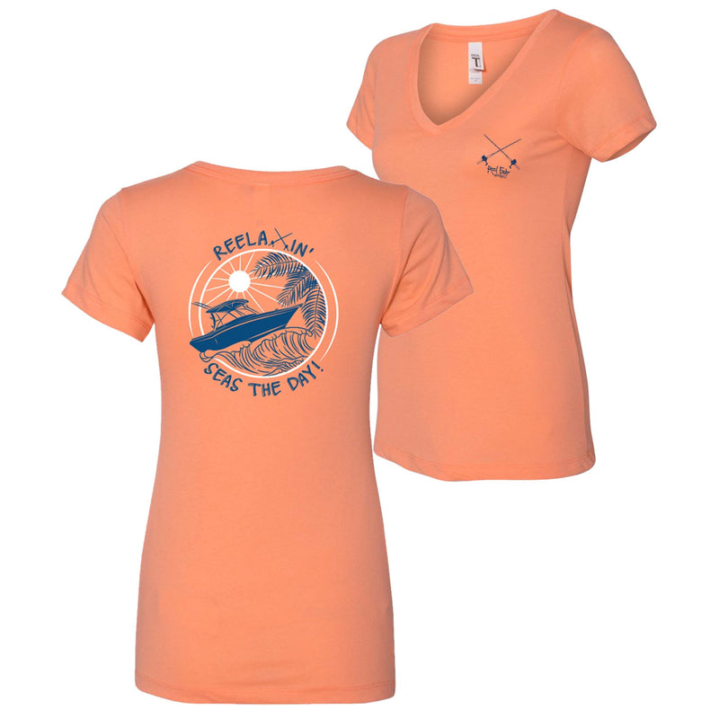 Ladies Reelaxin' - Seas the Day v-neck cotton short sleeve shirt in Orange