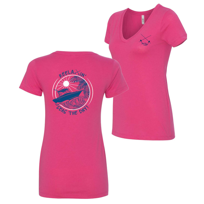 Ladies Reelaxin' - Seas the Day v-neck cotton short sleeve shirt in Pink