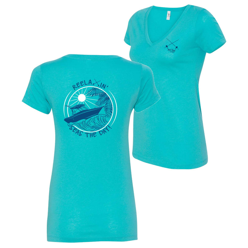 Ladies Reelaxin' - Seas the Day v-neck cotton short sleeve shirt in Tahiti Blue