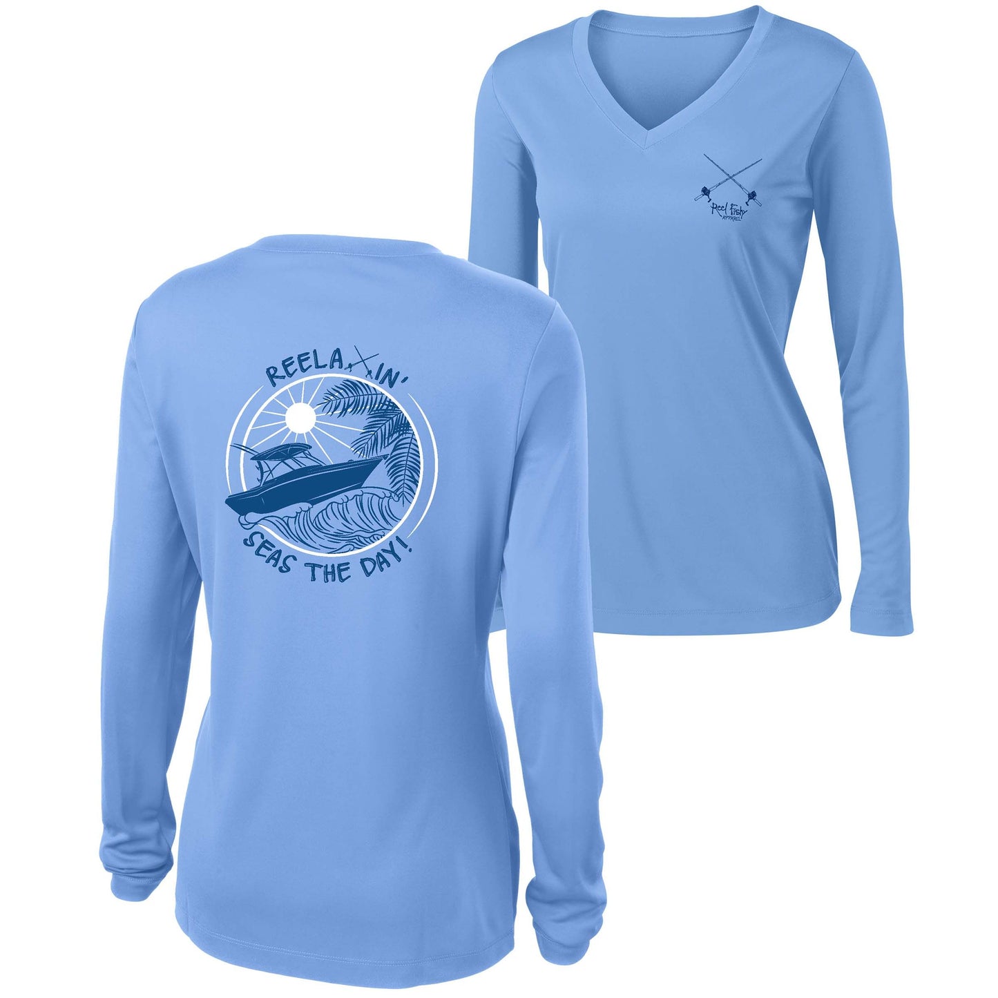 Ladies light blue long sleeve V-neck performance dry-fit shirt with Reelaxin’ – Seas the Day logo on the back and Reel Fishy Salt Rods logo on the front.