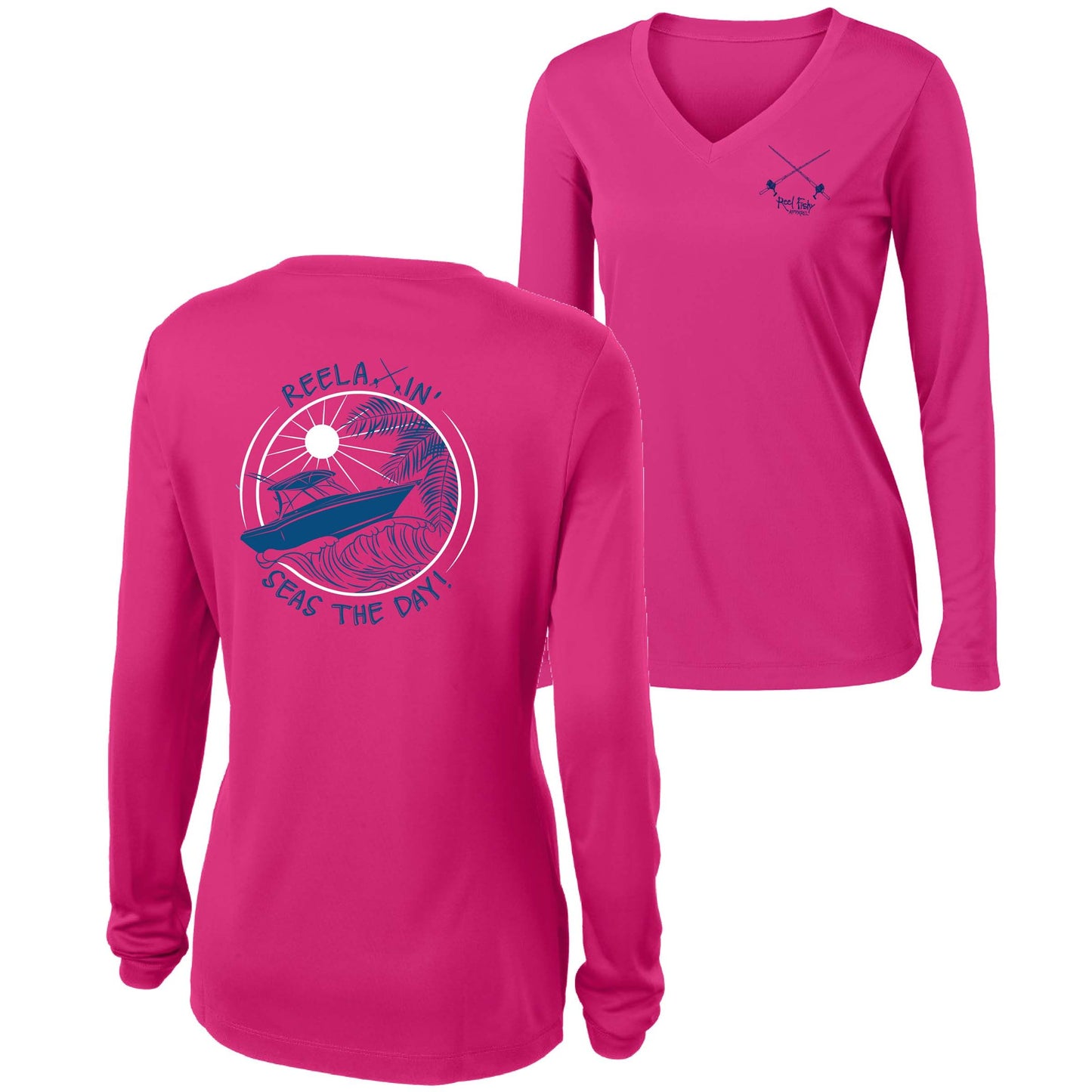 Ladies pink long sleeve V-neck performance dry-fit shirt with Reelaxin’ – Seas the Day logo on the back and Reel Fishy Salt Rods logo on the front.