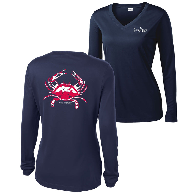 American Blue Crab -Reel Crabby Ladies Performance Dry-fit V-neck Long Sleeve Shirt with 50+ UV Sun Protection in Navy