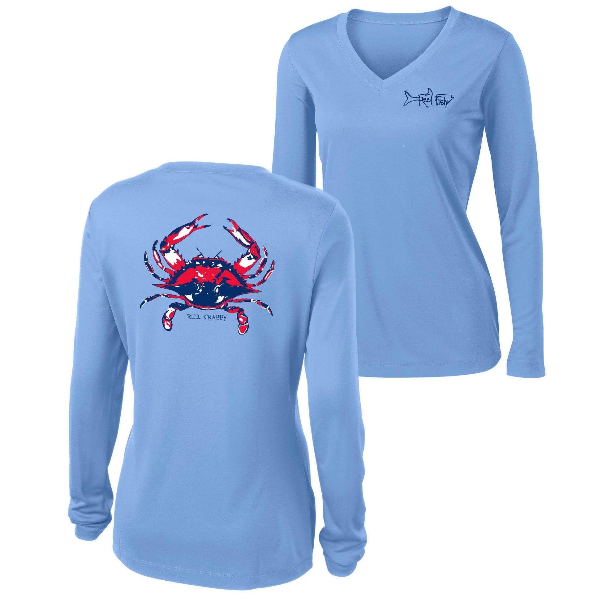 American Blue Crab -Reel Crabby Ladies Performance Dry-fit V-neck Long Sleeve Shirt with 50+ UV Sun Protection in Light Blue