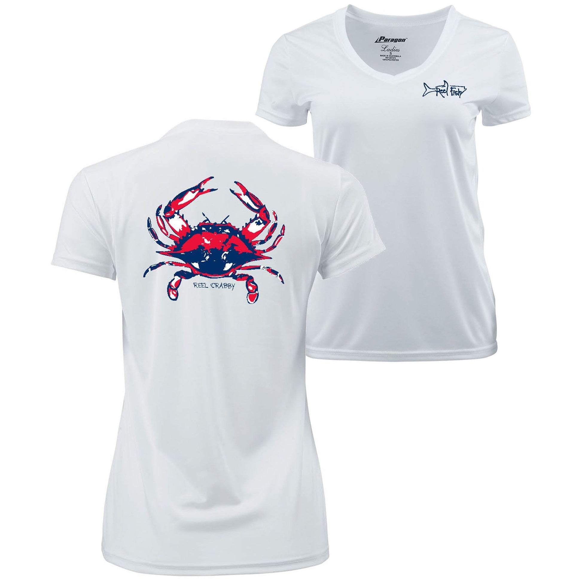 American Blue Crab -Reel Crabby Ladies Performance Dry-fit V-neck Short Sleeve Shirt with 50+ UV Sun Protection in White
