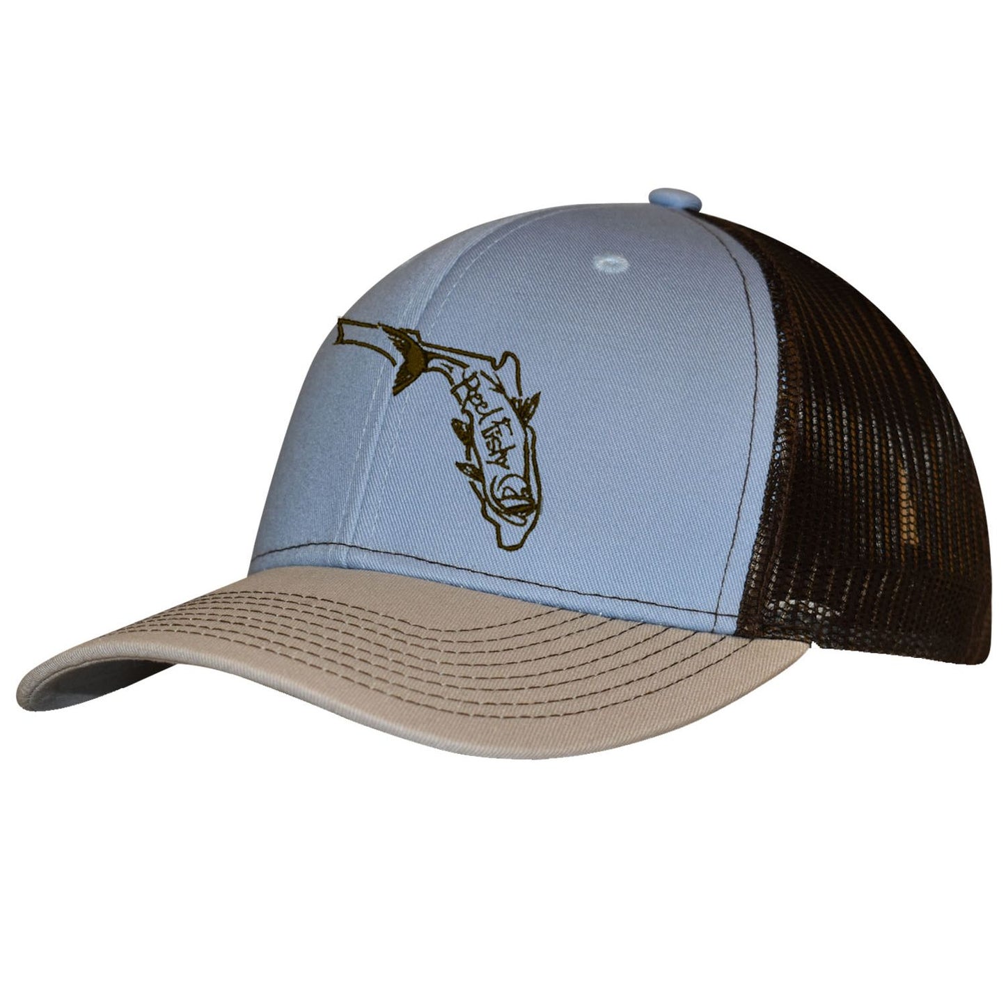 State of Florida Tarpon Trucker Hat in Light Blue and Brown mesh by Reel Fishy.