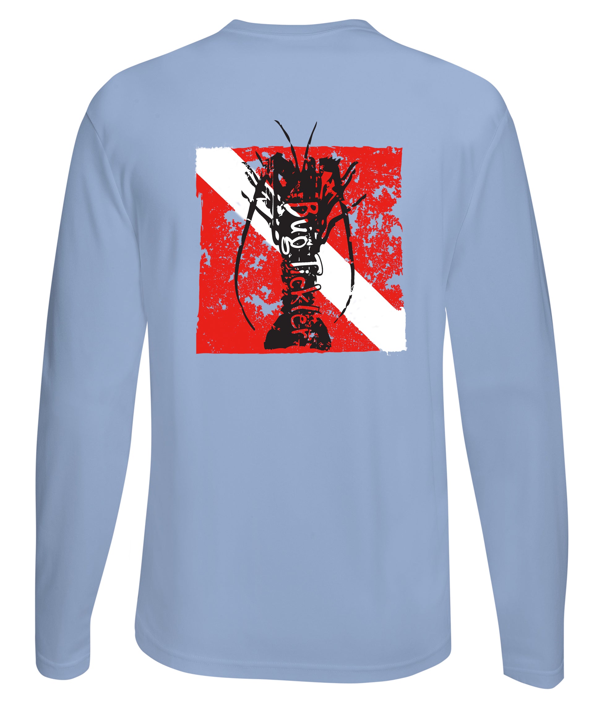 Lobster Performance Dry-Fit Fishing shirts with Sun Protection - "Bug Tickler" Dive Logo - Lt. Blue Long Sleeve