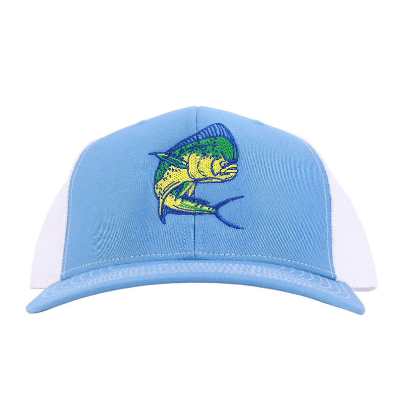 Mahi Fishing Trucker Hat in Light Blue with White Mesh by Reel Fishy