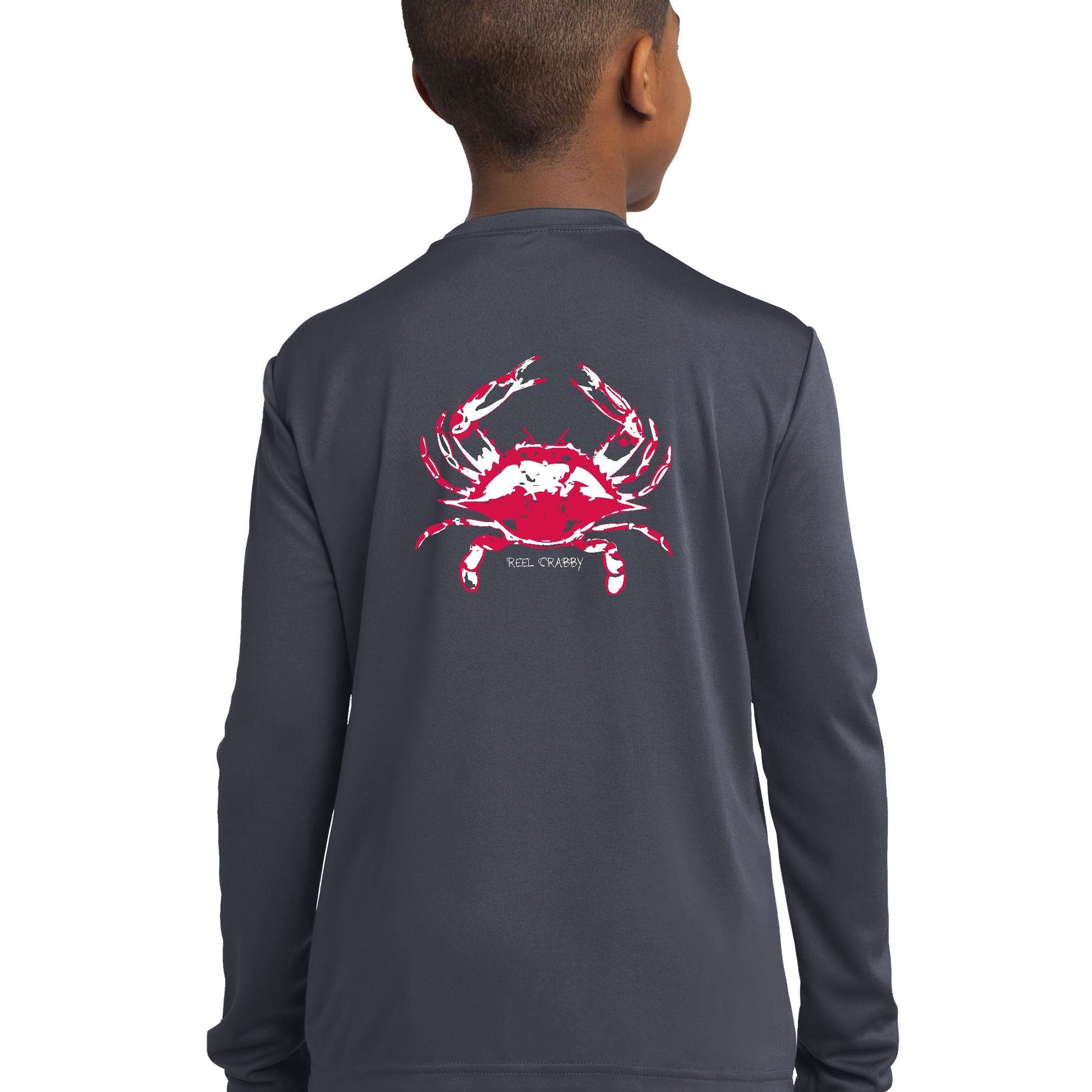 Youth Model in Charcoal Crab "Reel Crabby" Long Sleeve Performance Dry-Fit Shirt