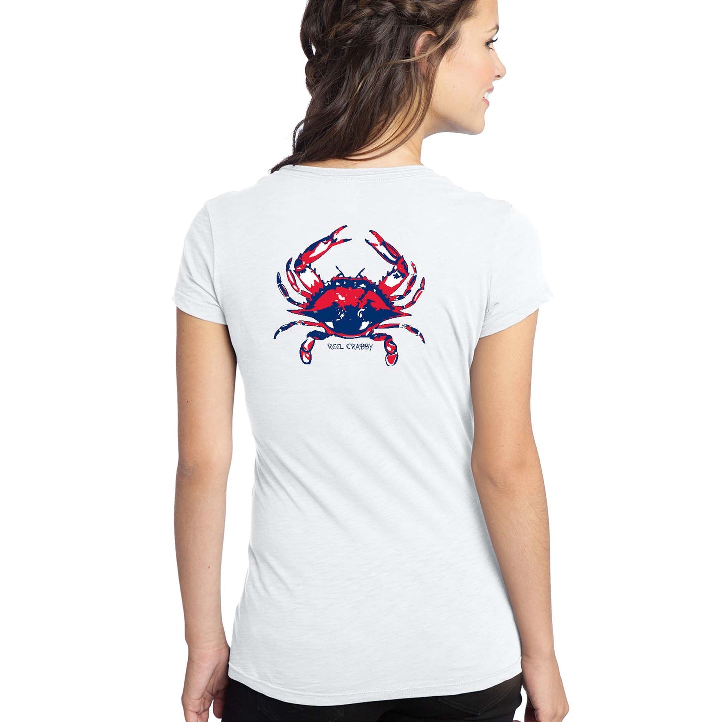Model in Women's Crab "Reel Crabby" V-neck cotton tee in White