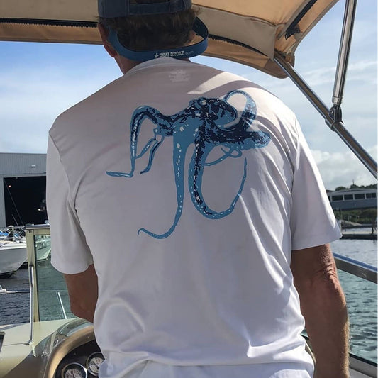 Model wearing white short sleeve Octopus Dry-Fit