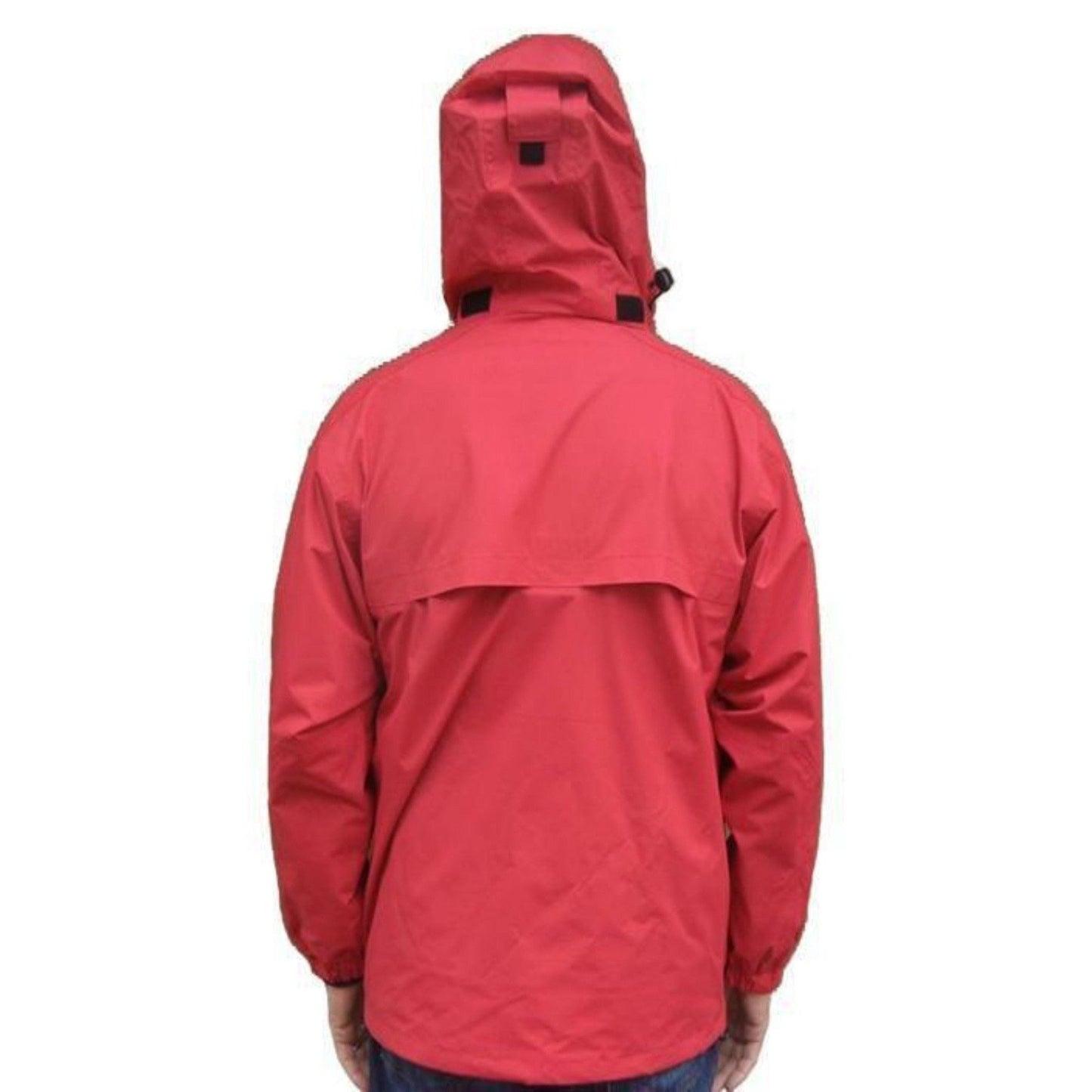Model wearing red rain jacket with hood and Reel Fishy Tarpon embroidery