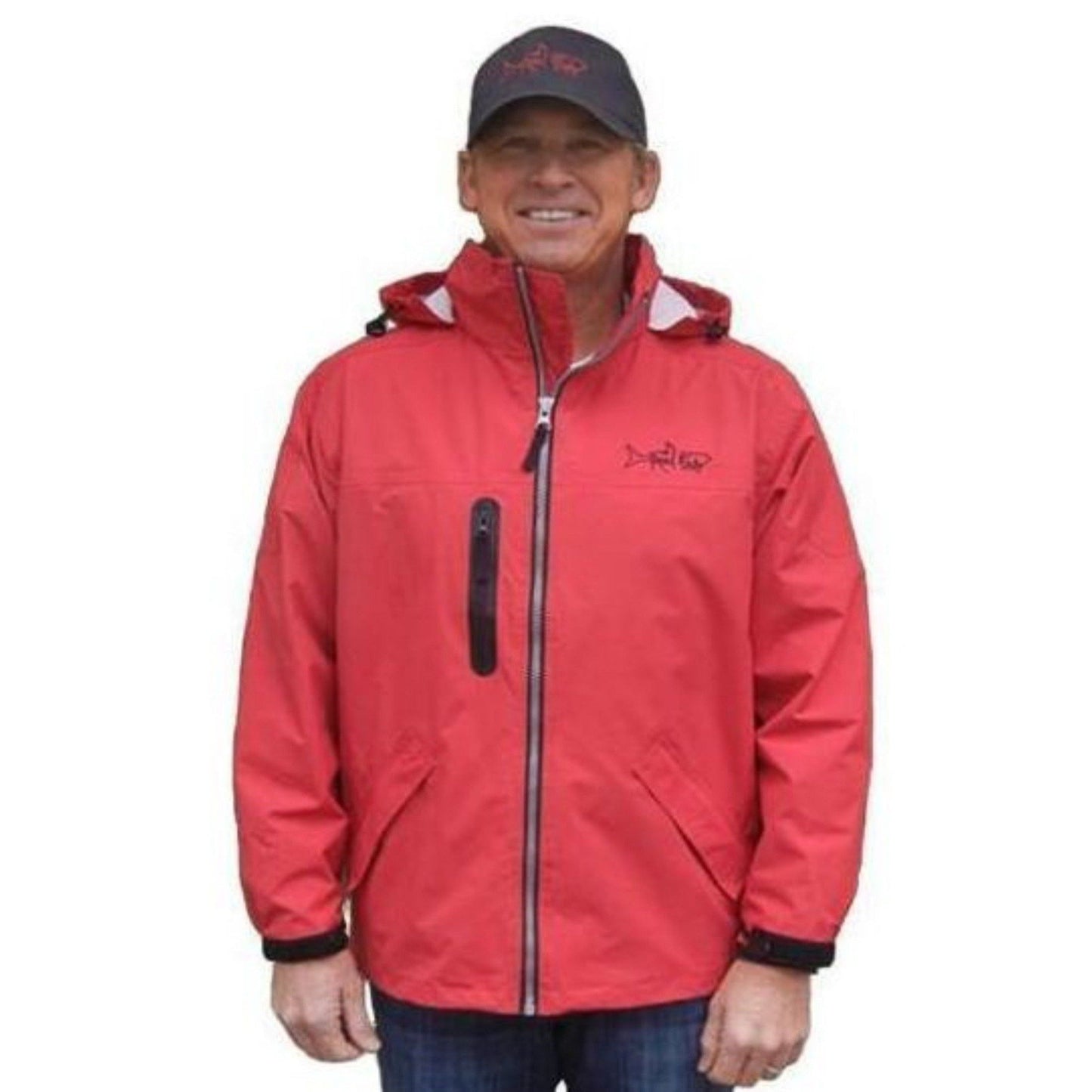 Model wearing red rain jacket with hood and Reel Fishy Tarpon embroidery
