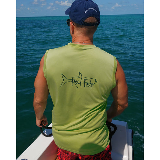 Model wearing lime green performance Reel Fishy Tarpon sleeveless shirt