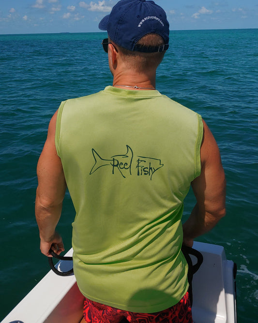 Model wearing lime green performance  Reel Fishy Tarpon sleeveless shirt