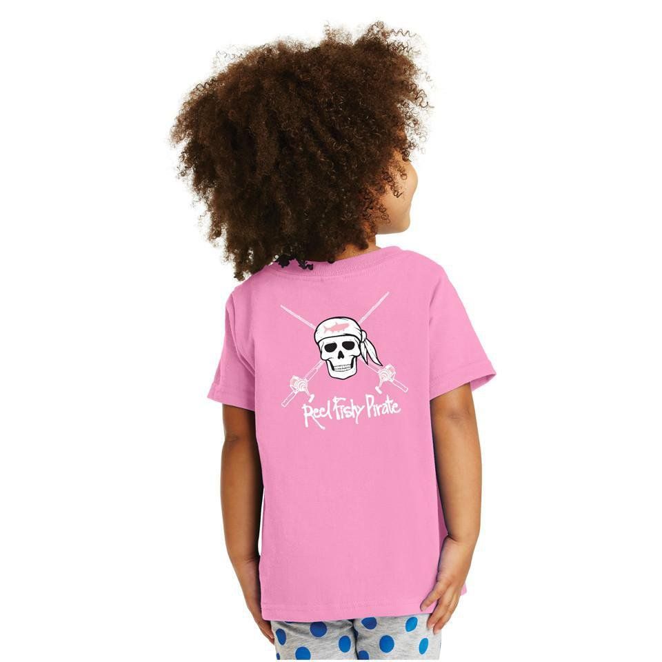 Child model wearing pink cotton Reel Fishy t-shirt with Pirate Skull and fishing rods design