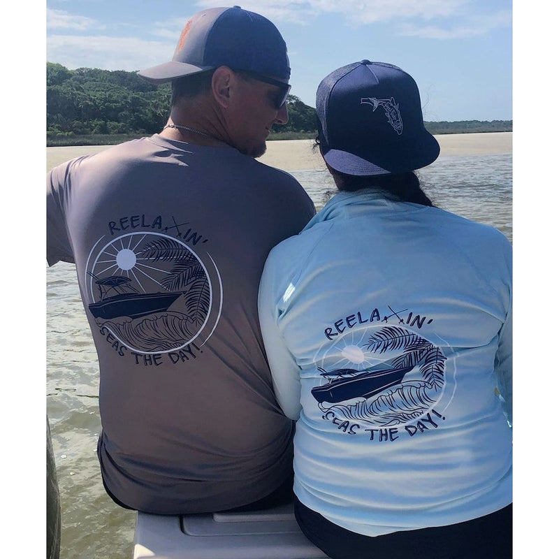 Model wearing Reelaxin' Performance Dry-Fit Fishing Long Sleeve Shirts, 50+ UPF Sun Protection